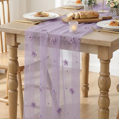 Artoid Mode Purple Flower Pearl Purple Gauze Table Runner 10FT, Seasonal Sheer Dining Holiday Wedding Birthday Baby Shower Table Decor for Home Party - Image 3
