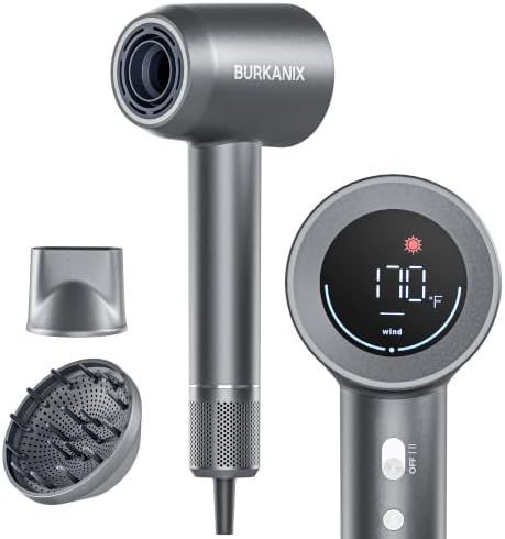 Hair Dryer, High-Speed Ionic Blow Dryer with Diffuser, Low Noise Fast Drying Hair Dryer with Brushless Motor, Thermo-Control Professional Hair Dryer for Curly Hair by BURKANIX