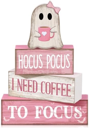 Moucuny 4 Pcs Pink Halloween Table Decor Ghost Wooden Stacked Block Decor by Moucuny