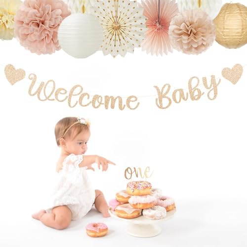 Champagne-Gold Fall Boho Baby Shower Party-Decorations - 21pcs Girls Welcome Baby Banner,Beige One Sweet Peach Paper Lanterns Pom Poms, Neutral Streamers Garland Decor Favors Huglony - Image 4