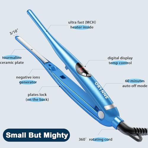 ORYNNE 3/10'' Small Pencil Flat Iron for Short Hair, Pixie Cut, Edges. 5s Ultra Fast Heat Up, 270℉-450℉ Adjustable Temperatures, Tourmaline Ceramic & Ionic Technology, Dual Voltage for Travel, Blue - Image 6