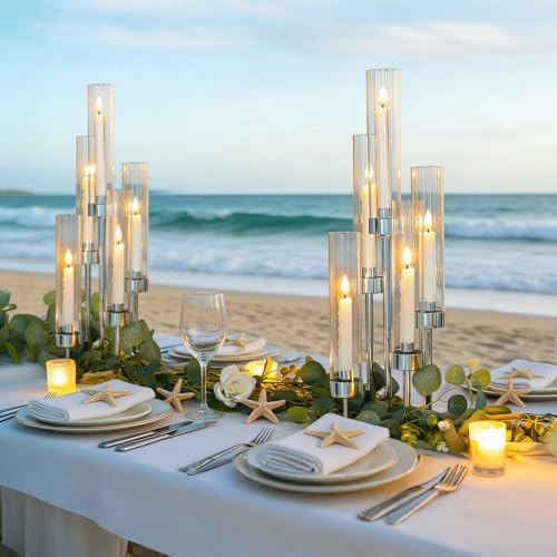 2 Pcs 5-Arm Silver Metal Table Candelabra Centerpiece, 22" Tall Clear Candlesticks Holder with Shade for Valentines Day Events Party Table Centerpiece,Fit LED Candles - Image 5