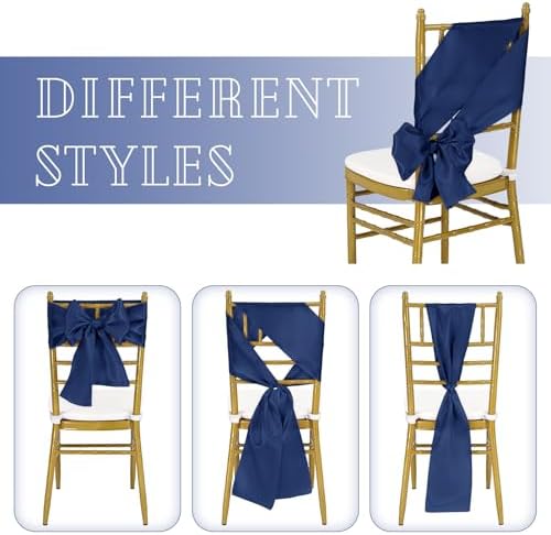fani 60 PCS Satin Chair Sashes, 7x78 Inch, Navy Blue - Image 4