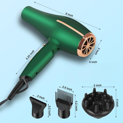 2000 Watt Negative Ionic Hair Dryer, Professional Salon Blow Dryer, Low Noise Fast Drying & Powerful AC Motor and Diffuser Comb for Men Women,3 Heat & 2 Speed Settings, Easy to Use- Green - Image 3