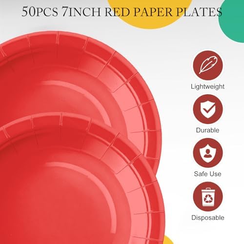 Red Paper Plates and Napkins Includes 7inch Red Dessert Plates,Napkins,Plastic Forks, Disposable Red Party Supplies for Christmas, Valentines Day, Birthday, Wedding, BBQ for 50 Guests - Image 3