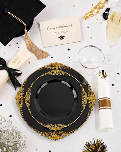 Nervure 350Pcs Black Plastic Plates, Plastic Dinnerware Set for 50 Guests - Image 2