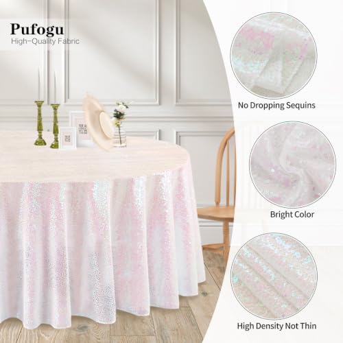 Pufogu 120" Round Iridescent Sequin Tablecloth Glitter White Table Cloths for Birthday Wedding Bridal Baby Shower Party Decorations - Image 3
