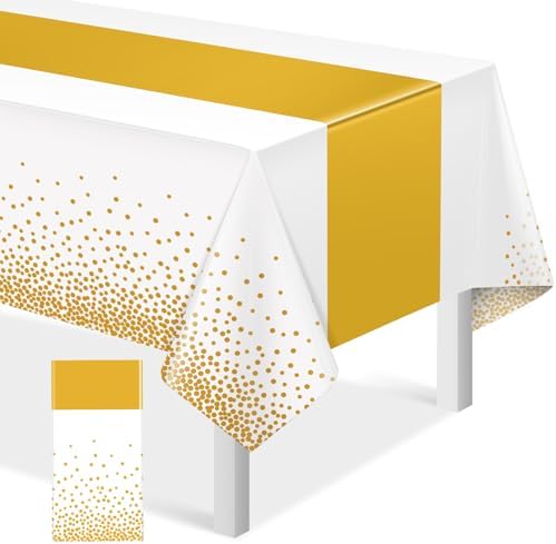 1Pcs White and Gold Tablecloth Party Decorations,Plastic White Table Cloth Printed Gold Table Runner Disposable Rectangle Tables Cover for Birthday Wedding Anniversary Graduation Party,54 x108 Inch by MASHAN