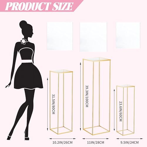 3PCS Cylinder Pedestal Stands for Parties, Square Gold Metal Plant Cylinder Stands for Party Flowers, Display Columns Pedestal Stand Cylinder Tables for Vases Birthday Party Decorations - Image 3