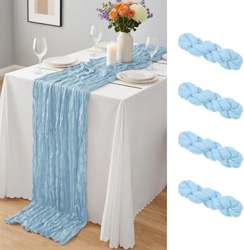4 Pack Baby Blue Cheesecloth Table Runner 10Ft, Gauze Table Runners 21.5 x 120 inch,Semi Sheer Cheese Cloth Fabric Runner Bulk for Wedding,Party,Baby Shower,Bridal Shower by Yemosa