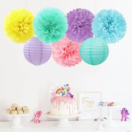 Pastel Rainbow Colorful Party-Decorations Paper Flowers Lanterns - 15PCS Birthday Classroom Baby Shower Tissue Pom Poms Streamers, Macaron Carnival Theme Hanging Supplies Decor Hugfond - Image 3