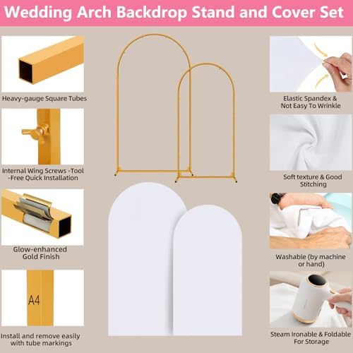 Arch Backdrop Stand and Cover Set of 2 Wedding Metal Arch Stand with Arch Cover White 7.2FT, 6FT for Wedding Party Bridal Baby Shower Birthday Ceremony Event Decor - Image 5