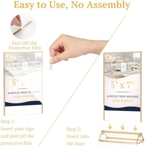 EHWINE 2 Pack Acrylic Sign Holder 5 x 7, Double Sided Gold Picture Frame Stand up Table Top Sign Holders, Clear Display Stand Menu Flyer Holder for Wedding Party - Image 7