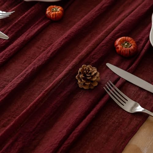 3Pcs Burgundy Cheesecloth Table Runner 120 Inches for Chirstmas Home Decor - Image 2