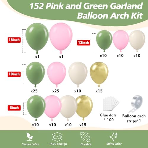 152Pcs Pink and Green Balloon Garland Arch Kit - Sage Green and Pink White Sand Gold Different Size Balloons for Girl Baby Shower Wedding Birthday Jungle Safari Woodland Party Decorations - Image 2