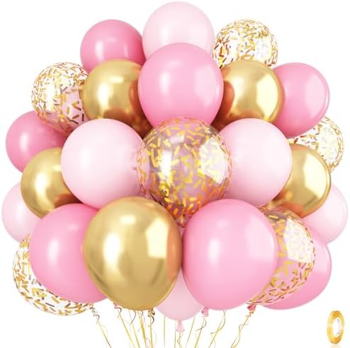 Pink Gold Balloons Set, 12 Inch Matte Pink Pastel Baby Pink Metallic Gold Confetti Latex Balloons for Girls Women, Pink Gold Party Balloons for Birthday Baby Bridal Shower Wedding Party Decorations by Isndare