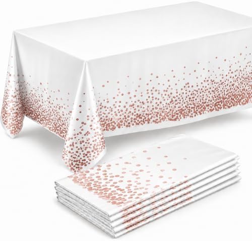 Prestee Rose Gold Plastic Table Cloth Disposable, 4 Pack - 54x108 Inch Rectangle Tablecloths for Wedding and Party - Heavy-Duty, Waterproof Table Covers - Pink and Gold, for Birthday or Fine Dining by Prestee