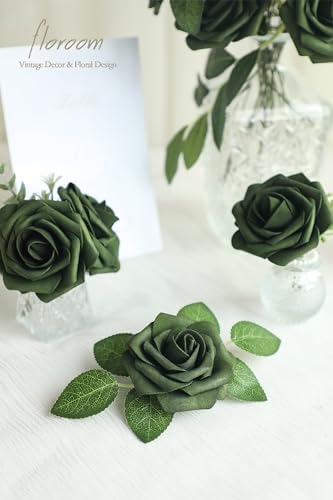 Floroom Artificial Flowers 25pcs Real Looking Forest Green Ombre Colors Foam Fake Roses with Stems for DIY Wedding Bouquets Bridal Shower Centerpieces Sage Green Floral Arrangements Decorations - Image 5