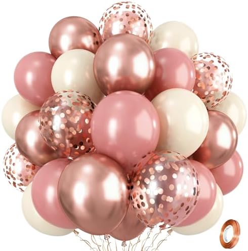 Dusty Pink and Rose Gold Balloons, 12In Retro Blush Pink Beige White Balloons with Metallic Rose Gold Confetti Latex Balloons Set for Girls Women Birthday Baby Bridal Shower Wedding Party Decorations by Isndare