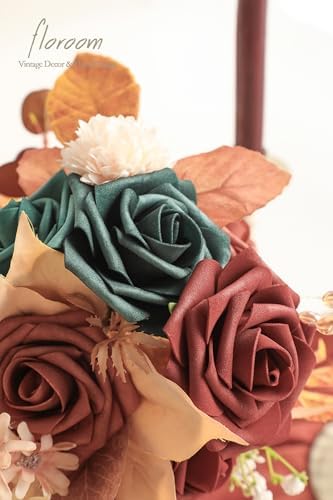 Floroom Artificial Flowers 25pcs Real Looking Teal Green Terracotta Ombre Colors Foam Fake Roses with Stems for DIY Wedding Bouquets Bridal Shower Centerpieces Floral Arrangements Tables Decoration - Image 2
