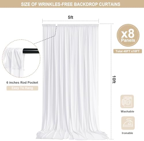 White Backdrop Curtain - 40x10FT Back Drop Curtains for Parties Wrinkle-Free Soft Polyester Photo Backdrop Wedding Decorations Photoground Backdrop Stain-Resistant for Back Drop Stand, 8 Panels - Image 4