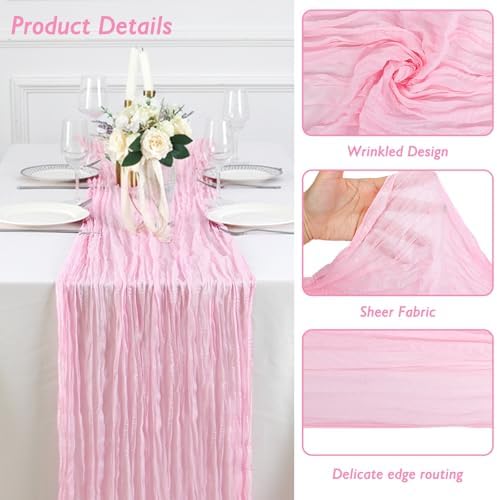 1 Pack Candy Pink Cheesecloth Table Runner 120 Inch Boho Wedding Decor - Image 3