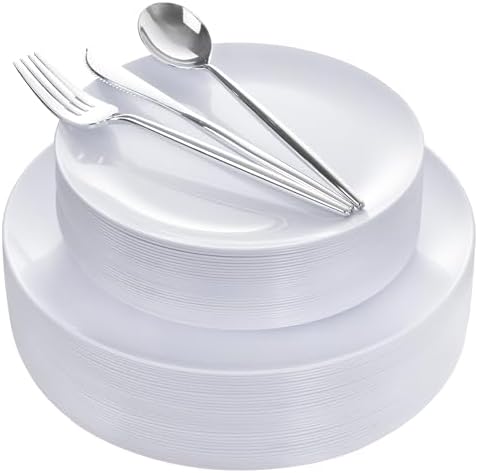 I00000 White Plastic Plates,Nice Disposable Plates with Silver Silverware by I00000