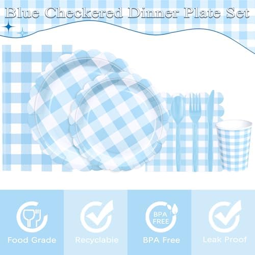 WNINK 176 PCS Light Blue Gingham Plates and Napkins, Blue Checkered Disposable Plates Set with Napkins Cups Plastic Spoons Forks Knives for Dinner Birthday Baby Shower Wedding Supplies Serve 25 Guests - Image 2