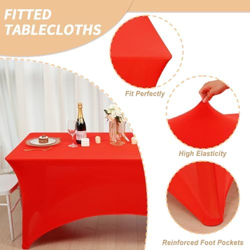 Fixwal 6 Pack 6FT Red Tablecloth Rectangle Spandex Fitted Table Cover - Image 2