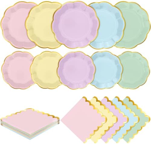 Kochorie 100 Pcs Pastel Scalloped Paper Plates and Napkins by Kochorie
