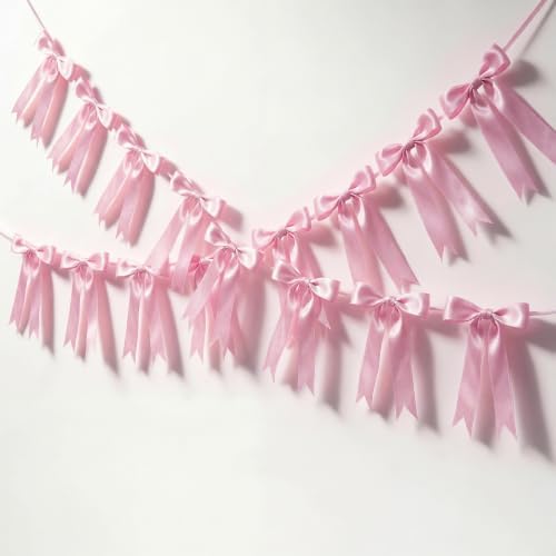 2 Pcs Pink Bow Garland Banner, Pre-Strung Pink Satin Ribbon Bow Garland - Image 2