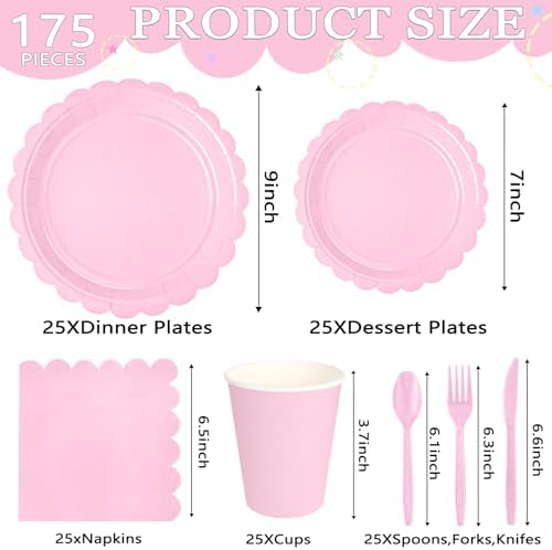 WNINK 175 PCS Light Pink Scalloped Plates and Napkins, Pink Disposable Plates Set with Napkins Cups Plastic Spoons Forks Knives for Birthday Baby Shower Gender Reveal Party Supplies Serve 25 Guests - Image 5