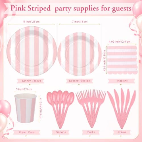 Mimorou 175 Pcs Pink White Striped Party Tableware for 25 - Image 3