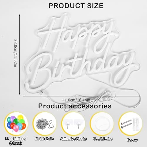 Happy Birthday Neon Sign for Wall Decor, Dimmable LED Light Up Sign - Image 3
