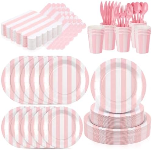 Mimorou 175 Pcs Pink White Striped Party Tableware for 25 by Unknown