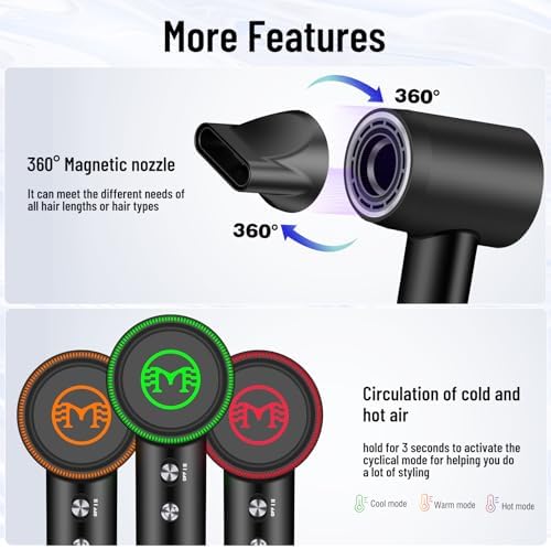 Negative Ionic High-Speed Hair Dryer with 11,0000 RPM Brushless Motor for Fast Drying, Professional Blow Dryer with Nozzle, Low Noise Hairdryer for Salon Home Travel - Image 4