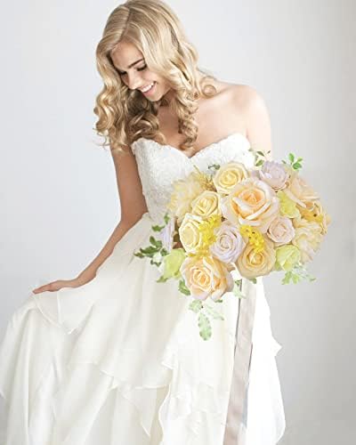 FACINOC Roses Artificial Flowers Yellow Bouquet Fake Flower Bulk Box Set - Image 6