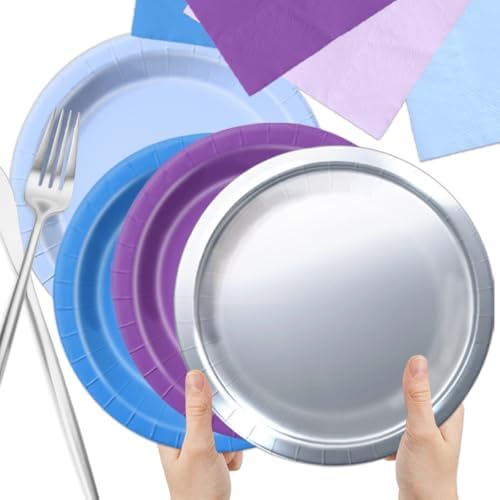 CMUSKO Winter Wonderland Decorations - 60Pcs Blue Purple Snowflake Plates & Napkins Set Winter Wonderland Tableware for Birthday Christmas New Year - Image 5