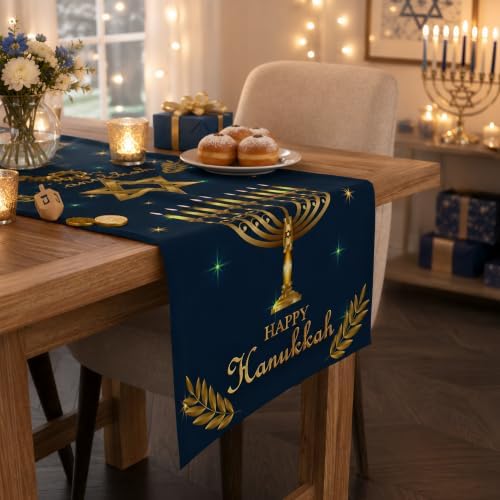 Hanukkah Decorations - Navy Blue Gold Hanukkah Table Runner - Image 5