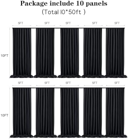 50 ft x 10 ft Thick Black Backdrop Curtain for Parties, 10 Panels Black Polyester Wedding Backdrop Drapes for Birthday Photography Background Party Backdrop Home Decorations - Image 4