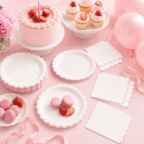 50 Pcs Pink and White Paper Plates and Napkins, 7 Inch Disposable Scalloped Plates & Napkins Party Supplies Cake Dessert Plate Tableware for Baby Shower Bridal Shower Wedding Birthday - Image 5