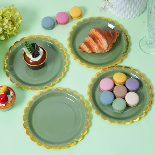 Sage green & gold scalloped party plates with napkins and fork gold foil border, 24 Guest green disposable Tableware Set Party Decoration for Birthday Coquette Bridal Baby Shower Valentines - Image 4