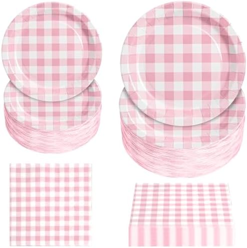 180Pcs Pink Gingham Party Supplies Paper Plates and Napkins Serve 60 by Hpscdyo
