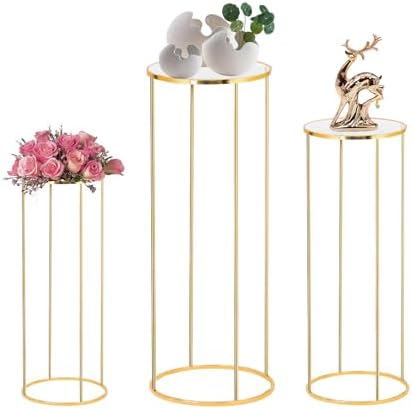 3PCS Cylinder Pedestal Stands for Parties, Gold Metal Plant Round Cylinder Stands for Party Flowers, Display Columns Pedestal Stand Cylinder Tables for Vases Birthday Party Backdrop Decorations by Latywen