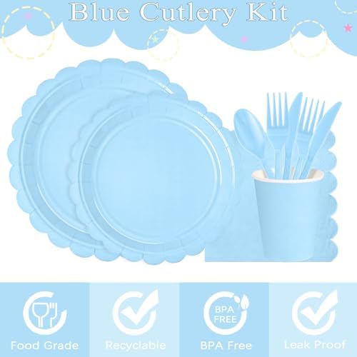 WNINK 175 PCS Light Blue Scalloped Plates and Napkins, Blue Disposable Plates Set with Napkins Cups Plastic Spoons Forks Knives for Birthday Baby Shower Gender Reveal Party Supplies Serve 25 Guests - Image 2