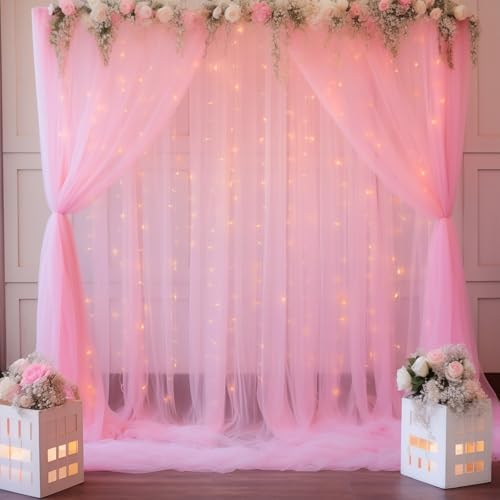 30ft x 8ft Pink Backdrop Curtain with Lights String for Parties, Sheer Tulle Wedding Photo Backdrops Drapes for Baby Shower Birthday Party Decorations Background for Photography - Image 6