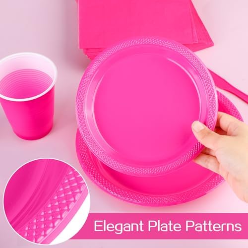 Aodaer 200 Pieces Hot Pink Party Supplies Disposable Dinnerware Set Include Plastic Plates Cups Knives Forks Spoons Paper Napkins for Birthday Wedding Graduation Parties, Serve 25 Guests - Image 4