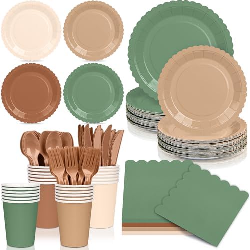 168Pcs Woodland Baby Shower Tableware Set, Green and Brown Plate and Napkin by Unknown