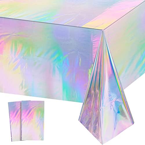 2 Pack Iridescence Plastic Tablecloths Shiny Disposable Laser Rectangle Table Covers Holographic Foil Tablecloth Iridescent Party Decoration Birthday Bridal Wedding Christmas 54" x 108"(Laser) by EnjoyYourFunnyParties