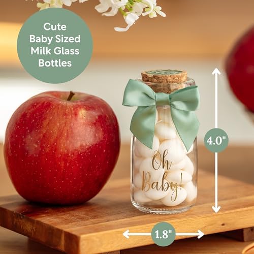 Ethisa Vintage 12 Pack Oh Baby Woodland Milk Glass Bottles with Ribbons and Stickers - Classy Baby Shower Favors for Guests and Table Centerpieces - Gender Neutral Eucalyptus Decoration - Safari Theme - Image 2